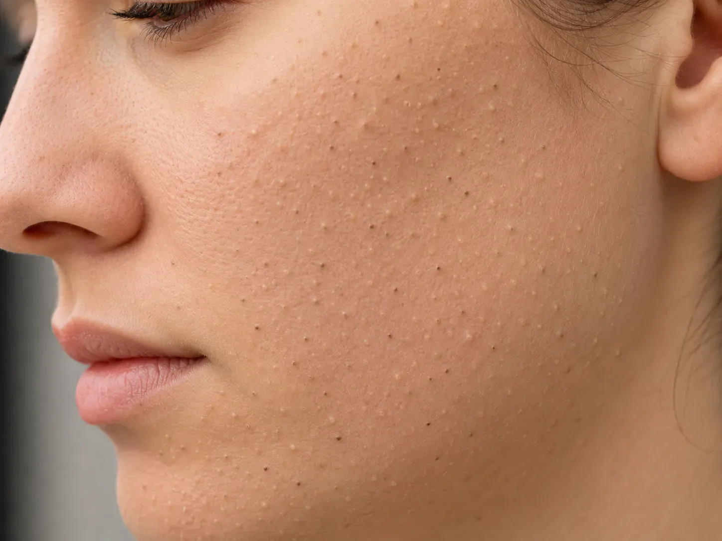 A cheek and jawline covered in numerous closed and open comedones — whiteheads and blackheads — with little surrounding inflammation