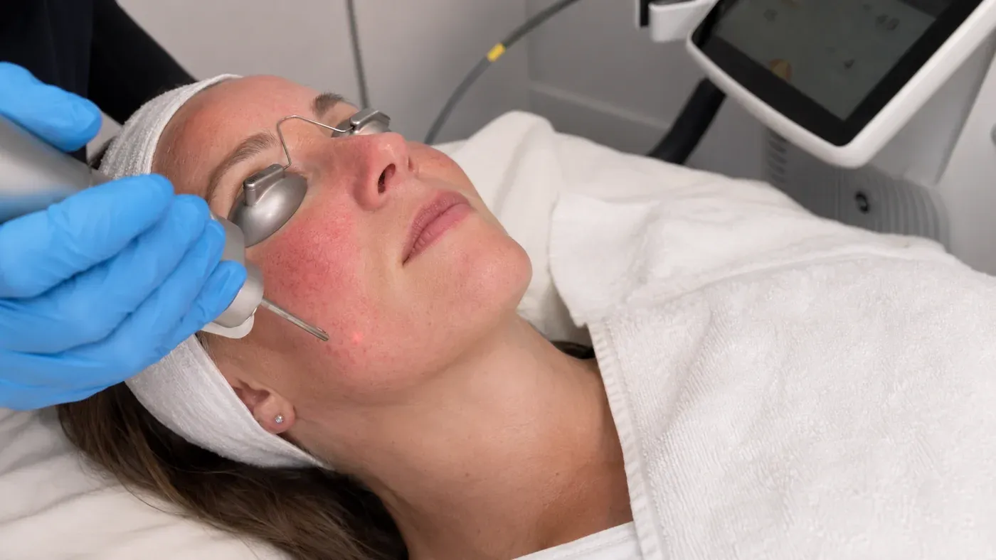 Vascular laser treatment of rosacea-affected cheeks — the handpiece aiming beam on the cheek, with metal laser-safety eye shields in place