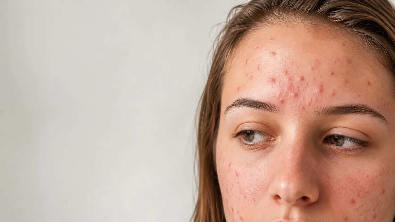 The face of a young adult with inflammatory acne — small papules and comedones across the forehead, with papules and redness over the cheek