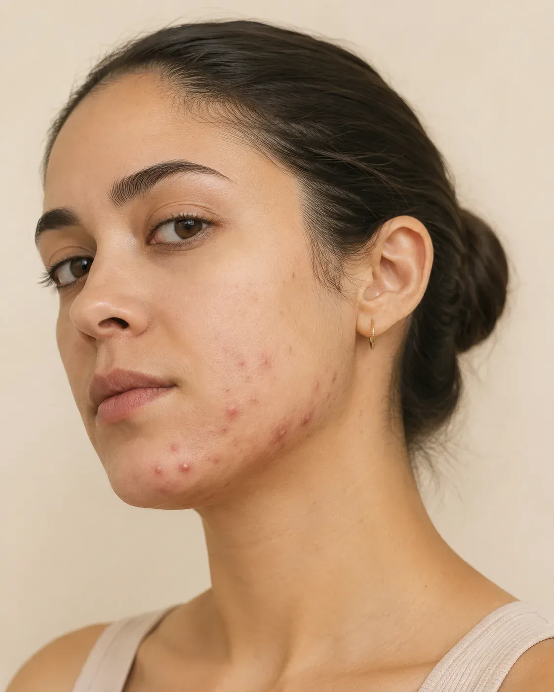 A young woman with acne papules along the lower cheek, jawline and chin — the distribution characteristic of a hormonal pattern