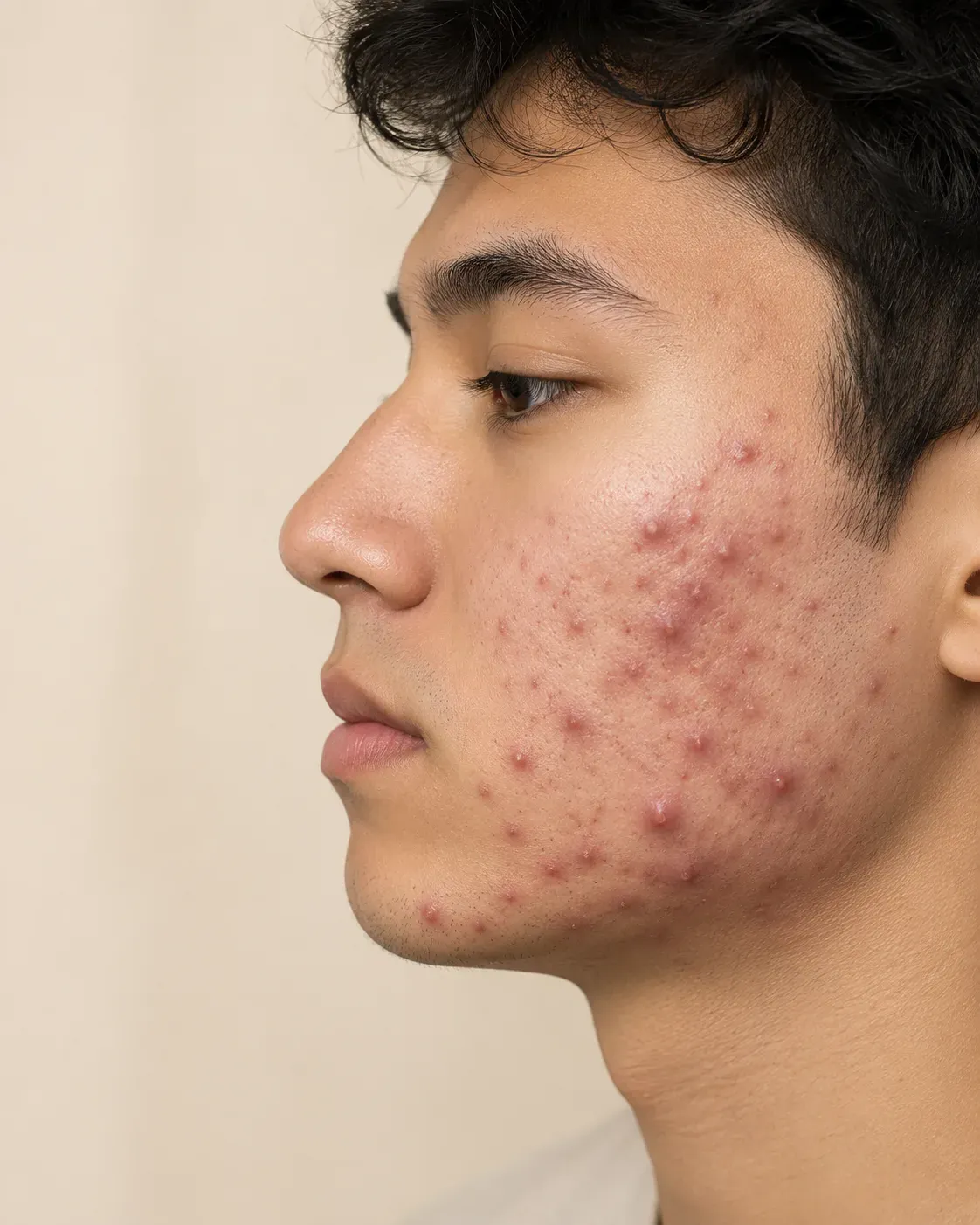 The profile of a young adult with inflammatory acne — red papules and pustules across the cheek and jawline on a background of redness