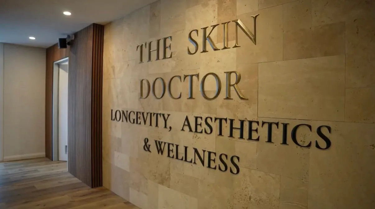 The travertine feature wall reading “The Skin Doctor — Longevity, Aesthetics & Wellness” beside the timber-panelled corridor at the Ivanhoe clinic