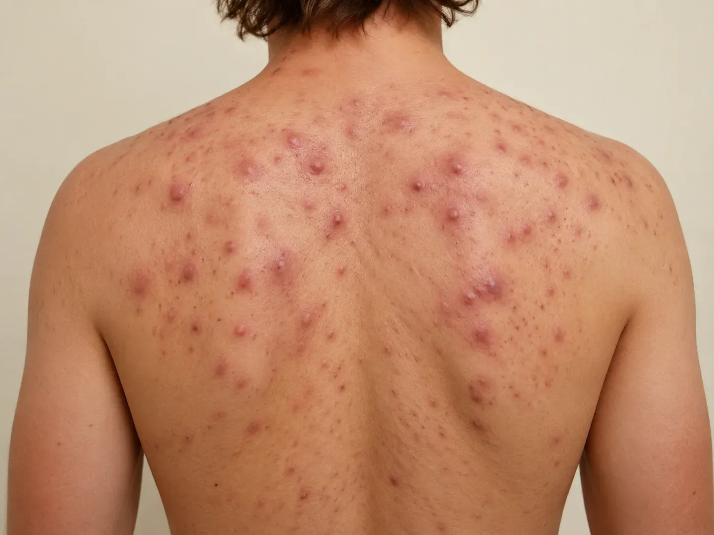 The upper back of a young adult with severe nodulocystic acne — deep inflamed nodules and papules across the shoulders and spine