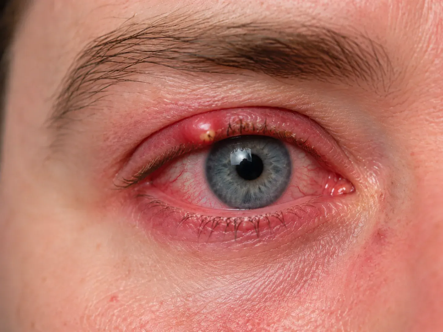 Ocular rosacea — red, inflamed eye with eyelid swelling and a stye at the lash line