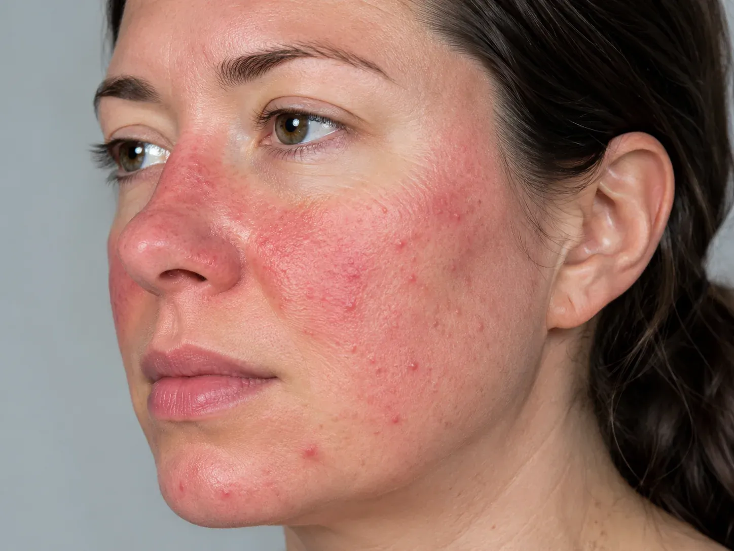 Papulopustular rosacea — inflammatory papules and pustules on a background of cheek redness
