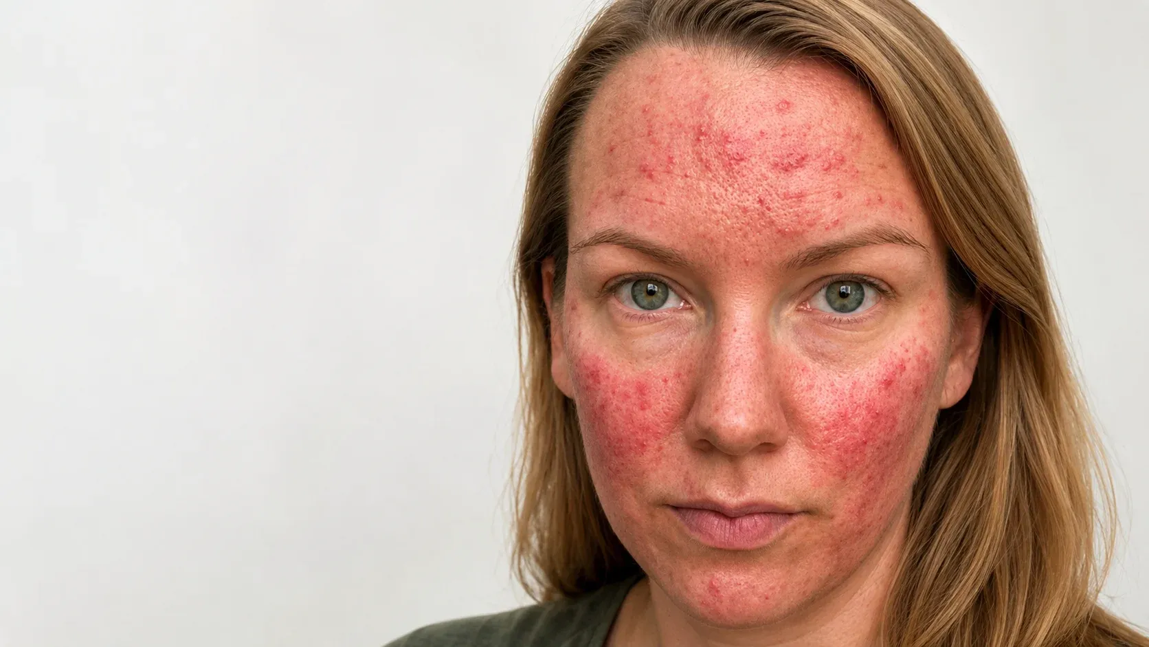 An adult face showing the central-cheek and nose redness, flushing and small inflammatory bumps typical of rosacea