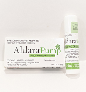 Aldara Pump — imiquimod 5% w/w cream, two dispenser pumps (approx 62 mg per actuation), a prescription-only topical immunotherapy