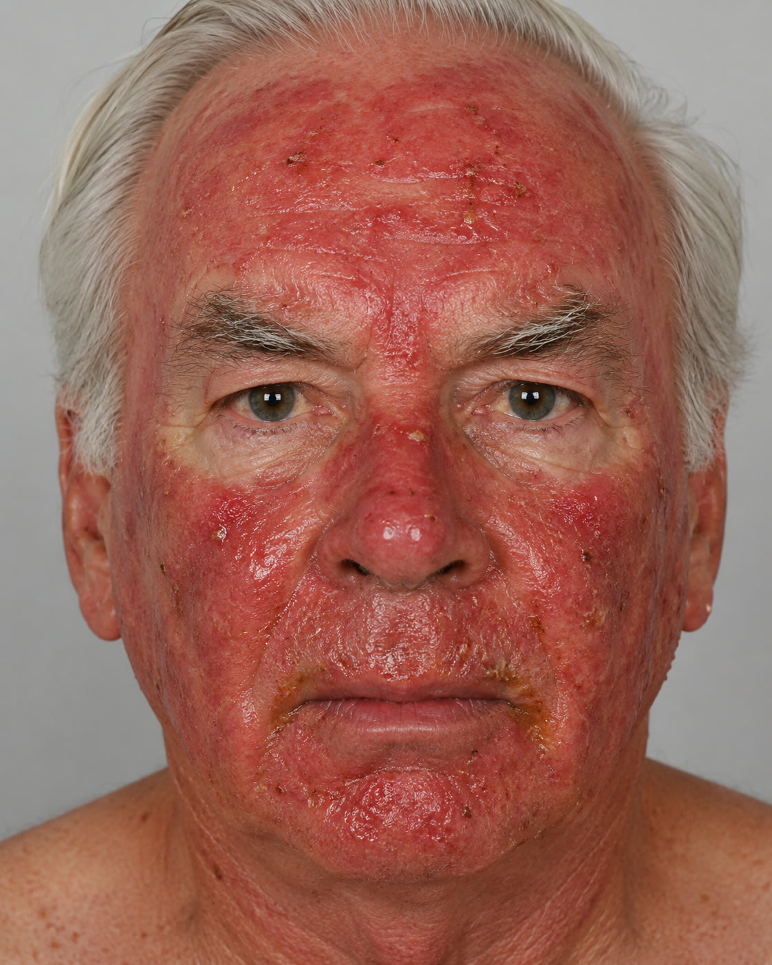 A face during full-field Efudix treatment at peak reaction, with widespread redness, crusting and inflammation across the sun-exposed areas