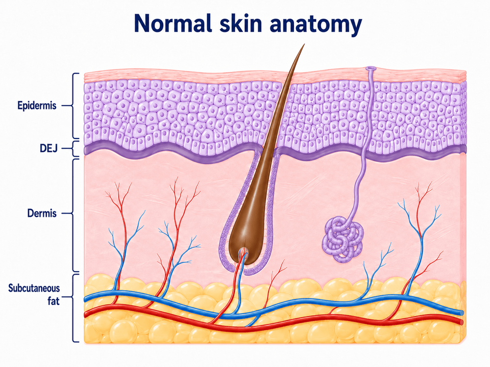 Diagram of normal skin anatomy showing epidermis, dermo-epidermal junction and dermis