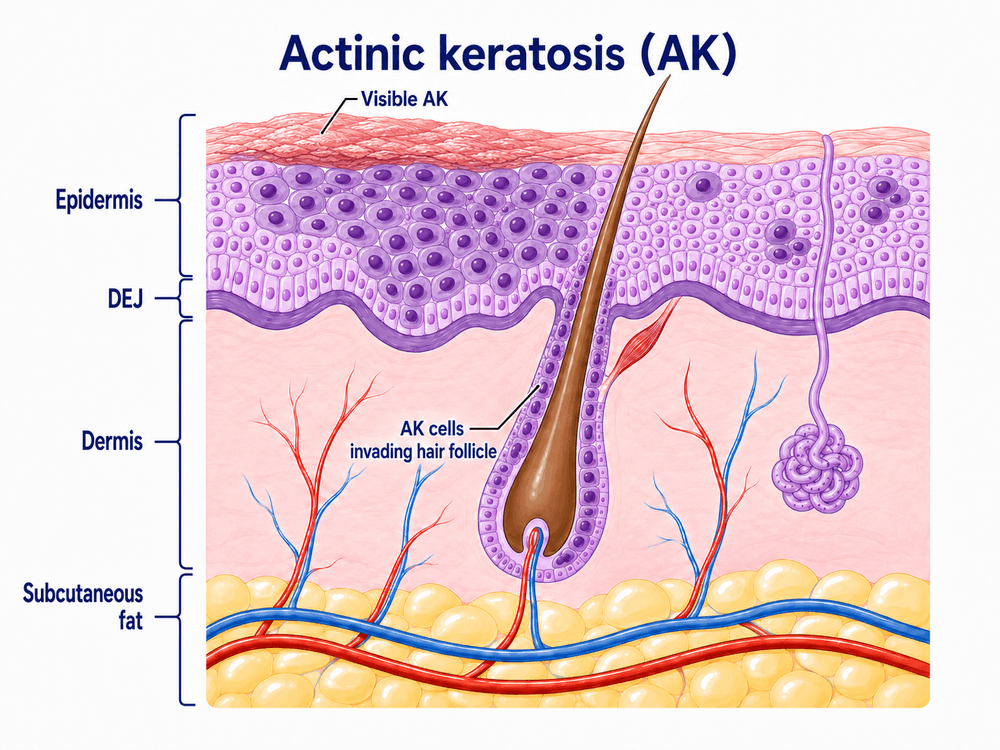 Diagram of actinic keratosis showing precancerous cells confined to the epidermis