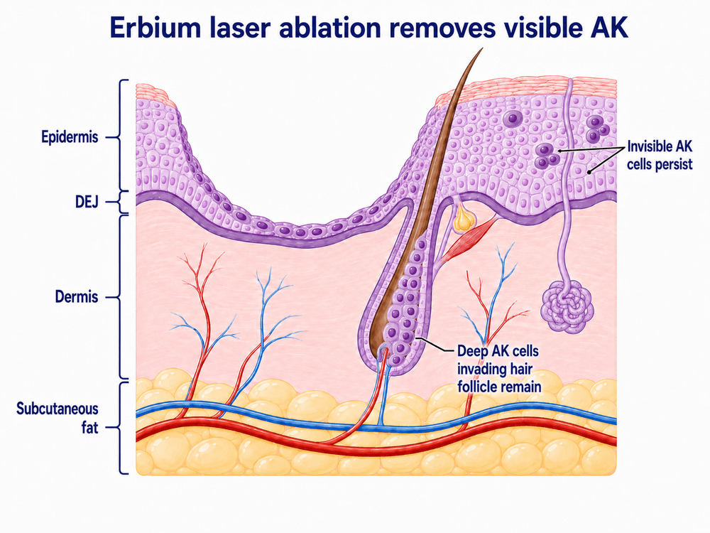 Diagram of erbium laser ablation of actinic keratosis showing residual AK in microscopic areas and down hair follicles