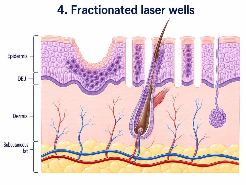 Diagram of fractional ablative laser creating microscopic absorption channels in the skin