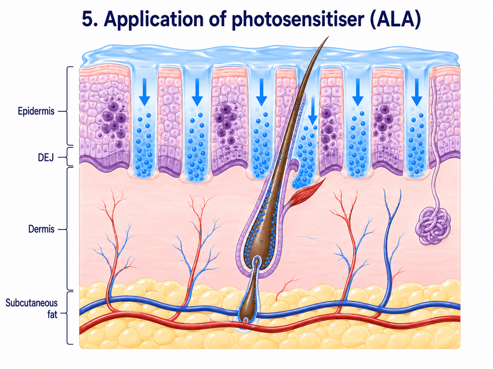 Aminolevulinic acid (ALA) cream applied to the treatment field