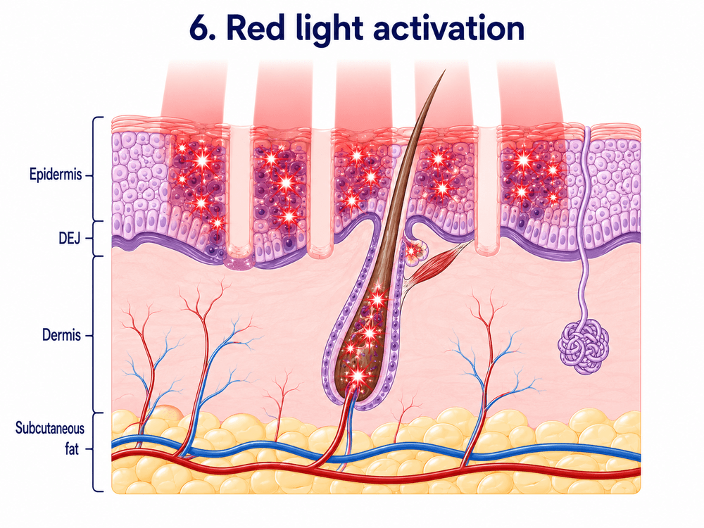 Red LED light activating the photosensitiser (PpIX) inside damaged cells, generating reactive oxygen species that selectively destroy them while sparing healthy tissue