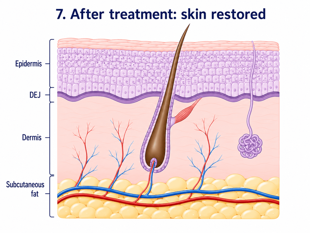 Cross-section after laser-assisted PDT showing the precancerous cells cleared and the skin re-epithelialised and restored