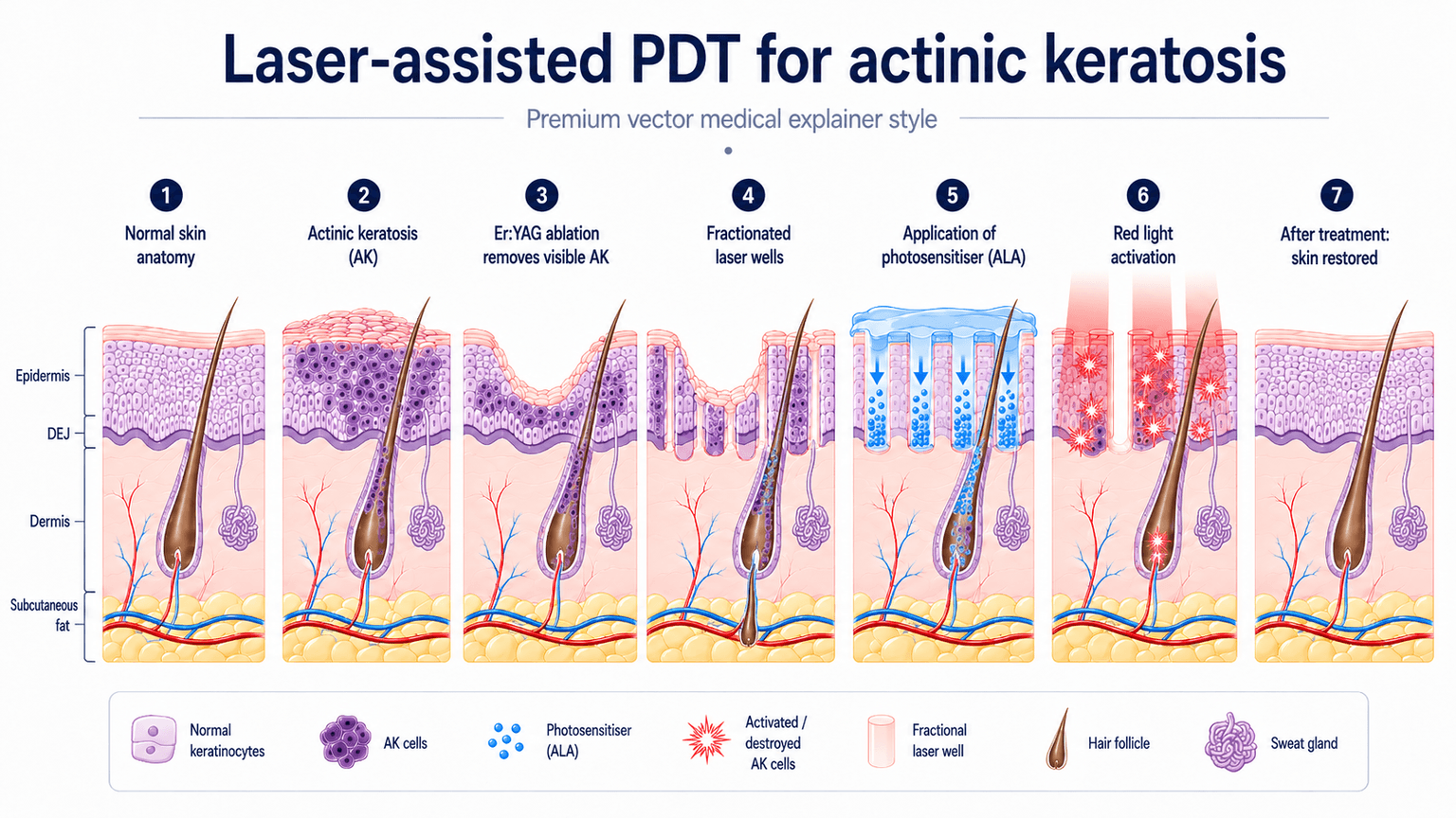 Overview infographic of laser-assisted PDT for actinic keratosis in seven steps: normal skin, actinic keratosis, Er:YAG ablation of visible AK, fractional laser wells, application of the photosensitiser (ALA), red-light activation, and the restored skin after treatment