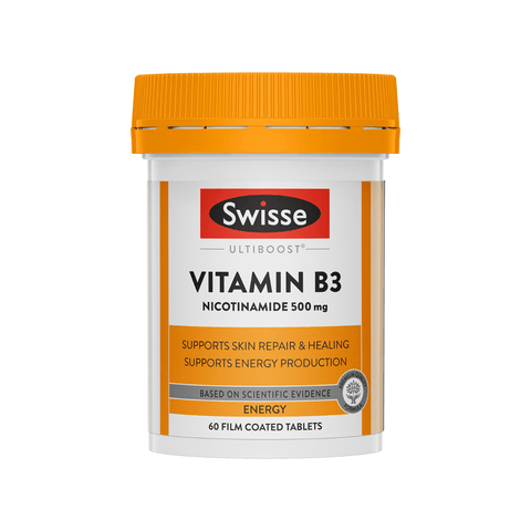 Swisse Ultiboost Vitamin B3 nicotinamide 500 mg tablets — over-the-counter in Australian pharmacies