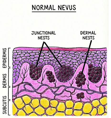 Hand-drawn histological diagram labelled 'Normal Nevus' showing a cross-section of skin. The epidermis sits above the dermis and subcutis. Junctional nests of melanocytes sit at the dermo-epidermal junction and organised dermal nests lie below — both tidy, symmetrical and well-contained within the rete ridges.