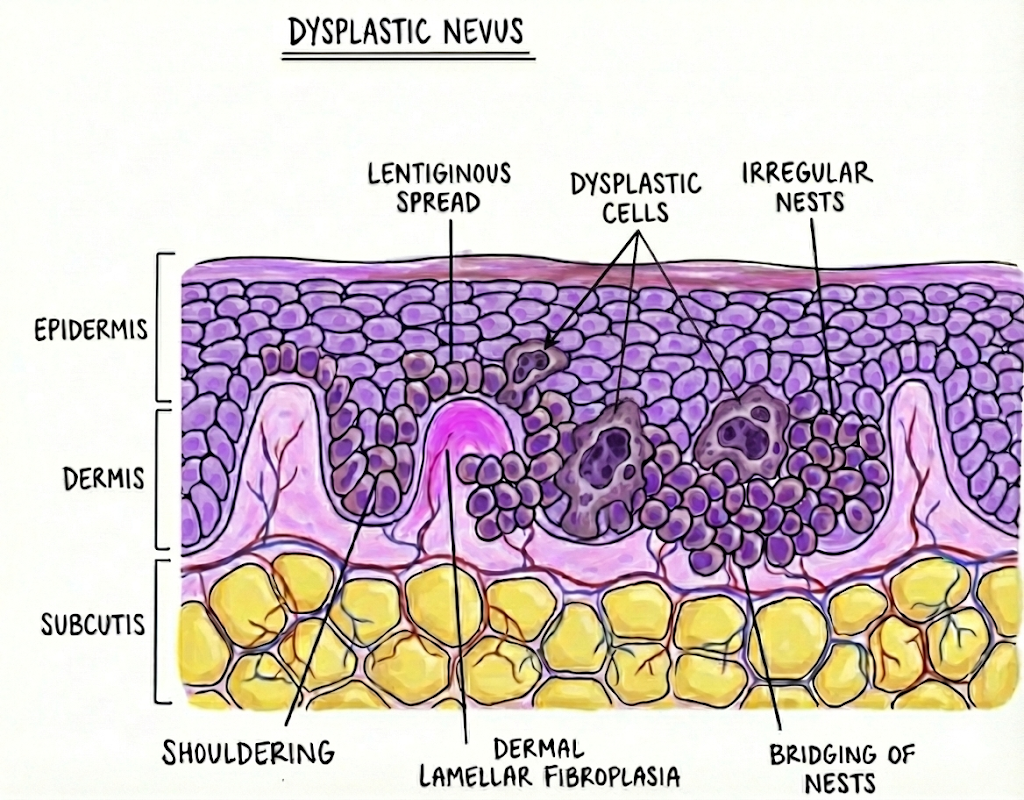 Hand-drawn histological diagram labelled 'Dysplastic Nevus' showing a cross-section of skin. The epidermis sits above the dermis and subcutis. The diagram illustrates key features of dysplasia: lentiginous spread of melanocytes along the basal layer beyond the edges of the naevus (shouldering), dysplastic cells with enlarged irregular nuclei, irregular nests that bridge between rete ridges, dermal lamellar fibroplasia beneath the lesion, and bridging of nests.