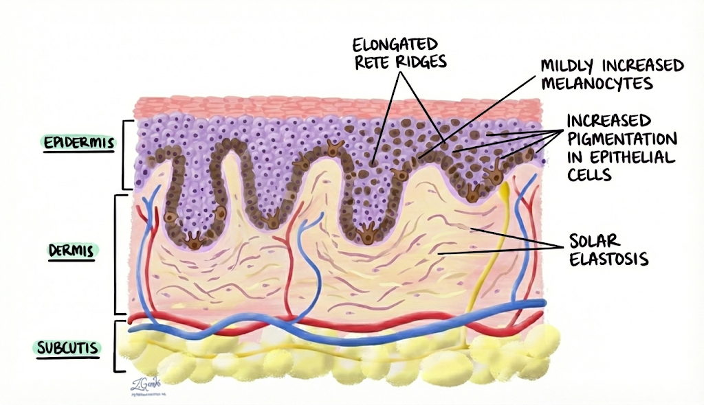 Histological diagram of solar lentigo showing a cross-section of skin with the epidermis, dermis and subcutis labelled. The diagram highlights four features: elongated rete ridges (the finger-like projections of the epidermis are longer than normal); mildly increased melanocytes at the tips of the elongated rete ridges; increased pigmentation within ordinary epithelial cells (not just melanocytes); and solar elastosis — a band of damaged, clumped collagen visible in the dermis beneath, indicating sun damage.
